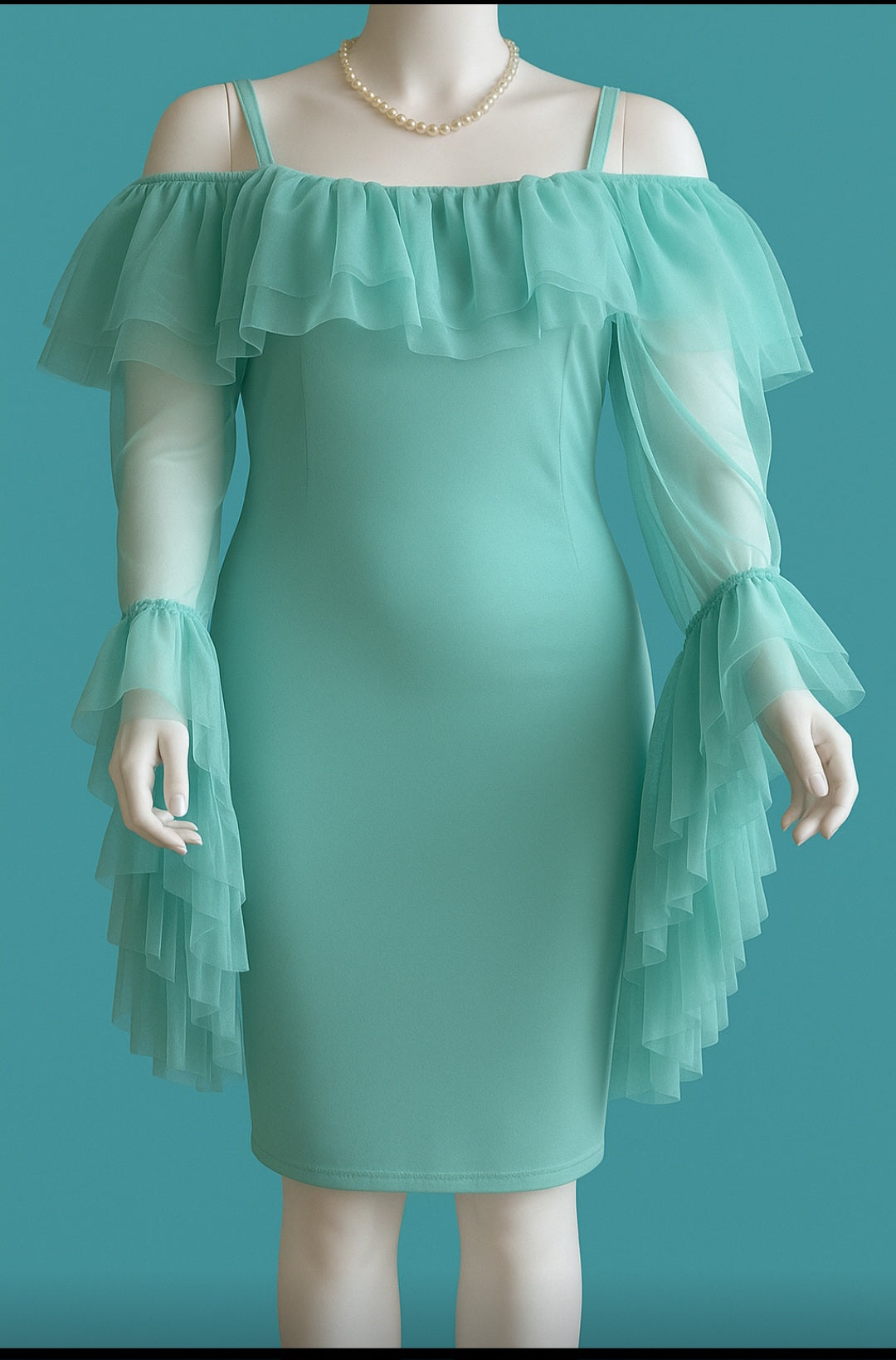 Ethereal Mint Ruffle Sleeve Col-Shoulder Dress