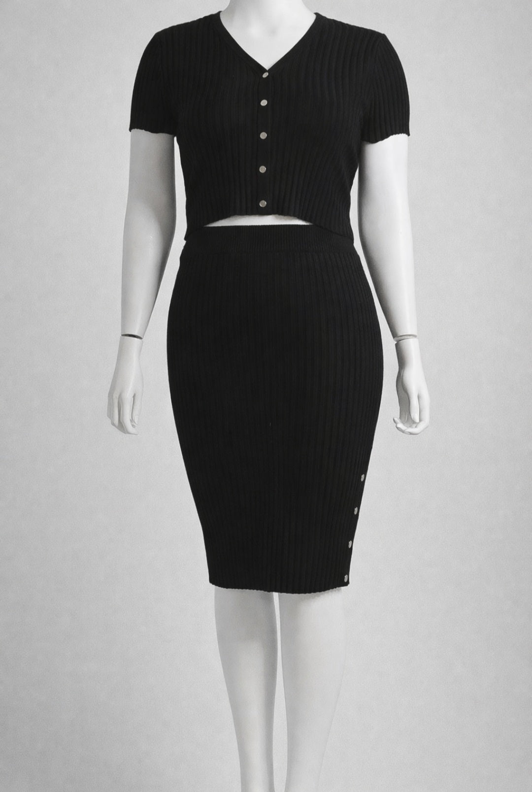 Black Ribbed Button Detail Skirt Set