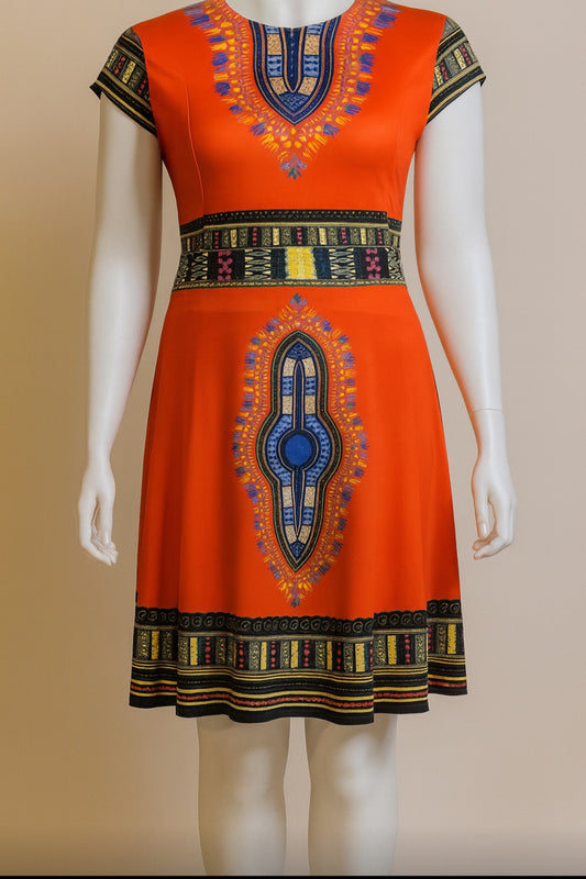 Vibrant Orange Tribal Print Fit & Flare Dress