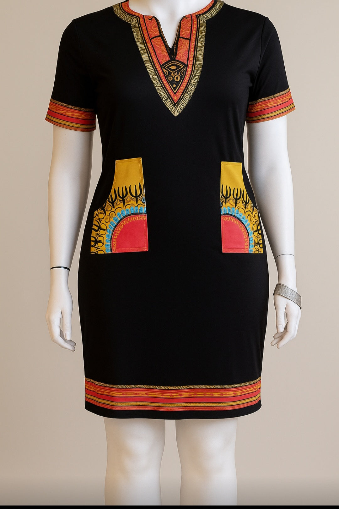 Black Tribal Print Pocket Pullover Dress