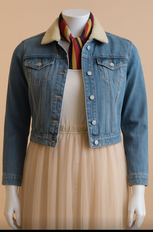 Classic Cropped Denim Jacket with Faux Sherpa Collar