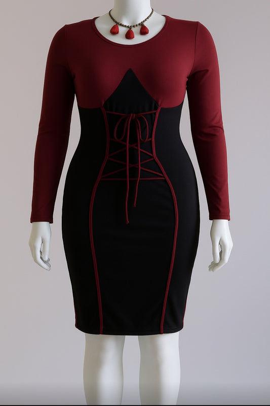Burgundy & Black Bodycon Corset Dress