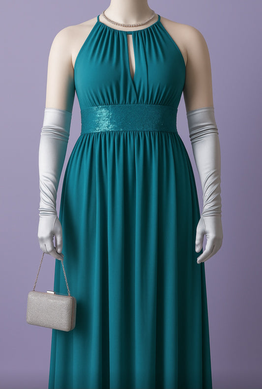Teal Elegance Halter Evening Gown