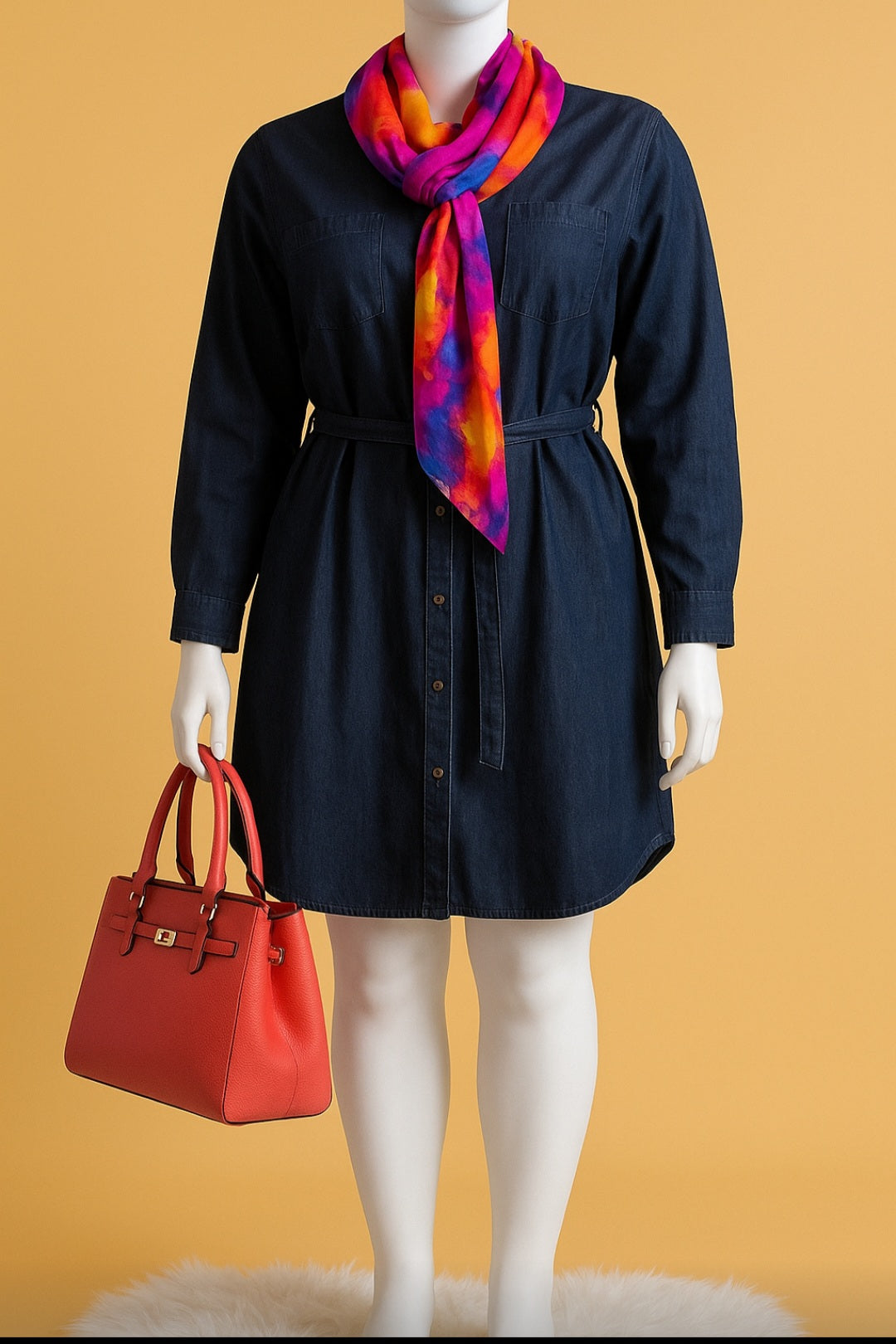 Denim Tie Waist Midi Dress with Pockets