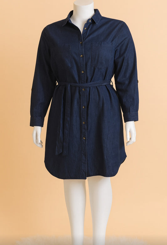 Denim Tie Waist Midi Dress with Pockets