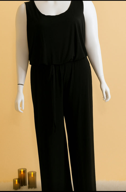 Black Stretch Elastic Waist Jumpsuit with Pockets
