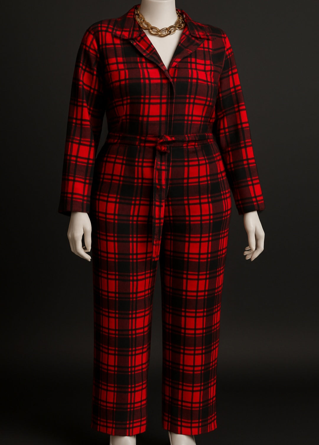 Bold Holiday Plaid Long Sleeve Jumpsuit