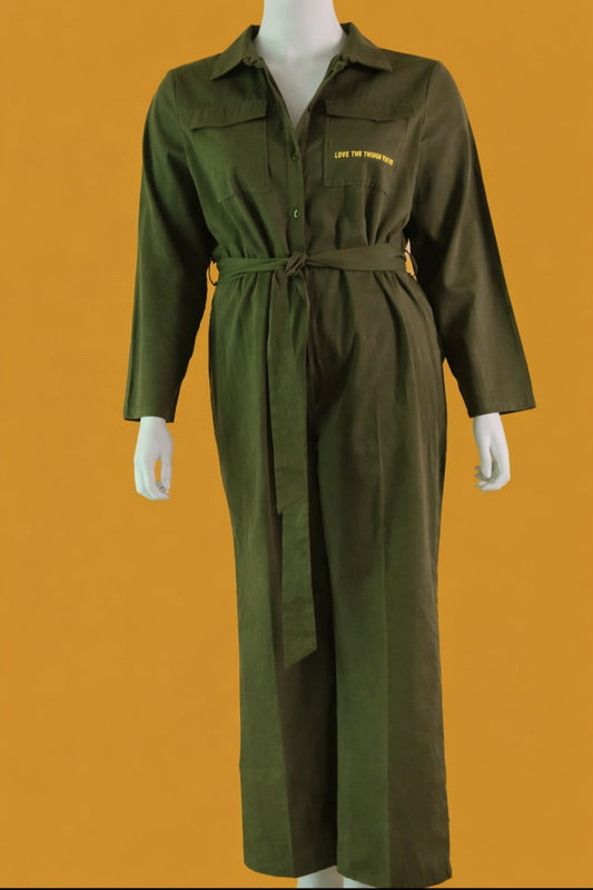 Olive Utility Shirt Jumpsuit with Tie Waist