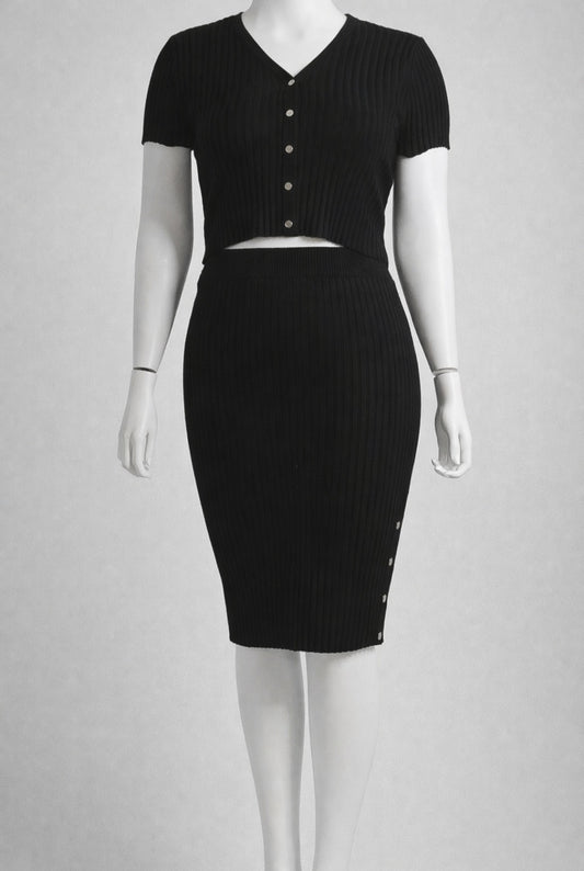 Black Ribbed Button Detail Skirt Set