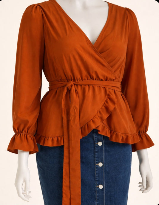 Rust Chiffon Wrap Blouse with Tie Waist