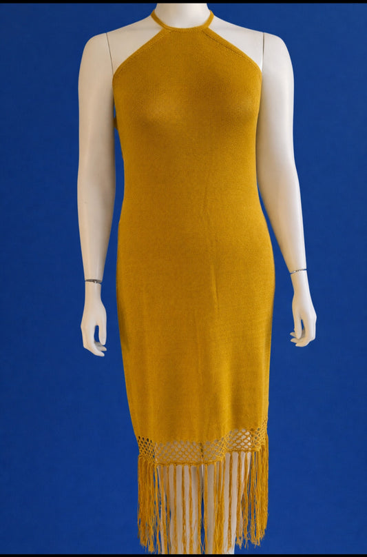 Mustard Halter Knit Fringe Midi Dress