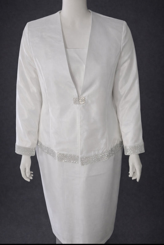 White Rhinestone Trim Skirt Suit Set