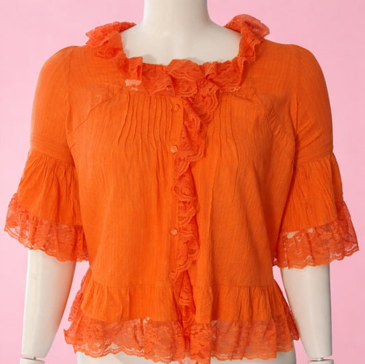 Coral Orange Lace Trim Peplum Blouse