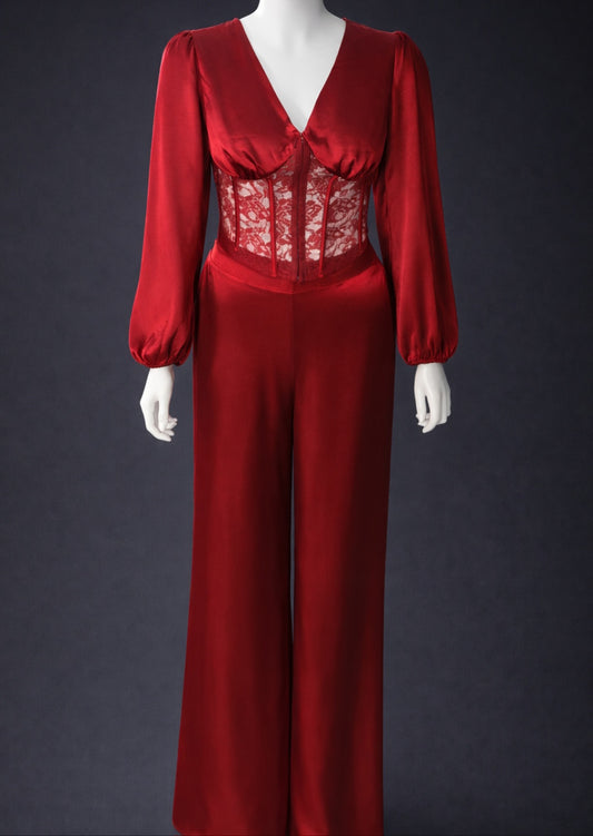 Crimson Lace Corset Detail Blouse & Matching Pant Set (Sold Together or Separately
