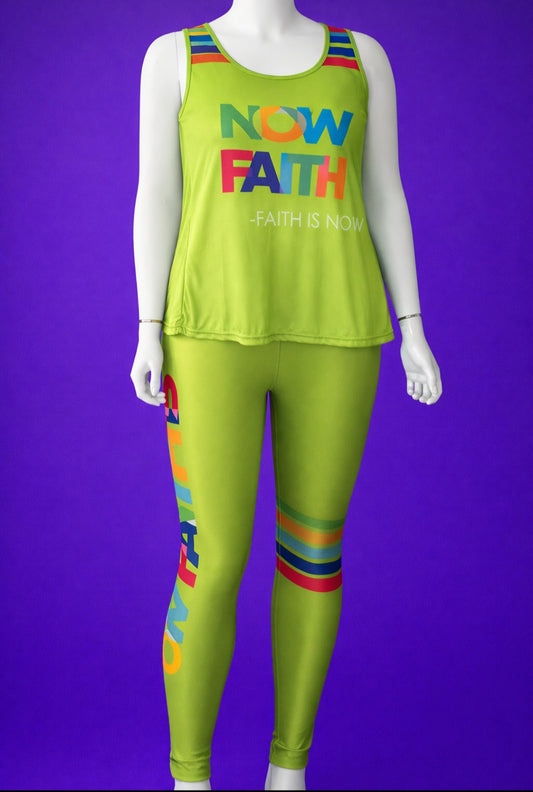 "Faith Is Now"  3 Piece Activewear Set (Tank, Leggings,  & Biker Shorts (Lime Green)