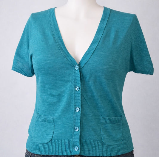 Teal Button Front Short Sleeve Cardigan Sweater