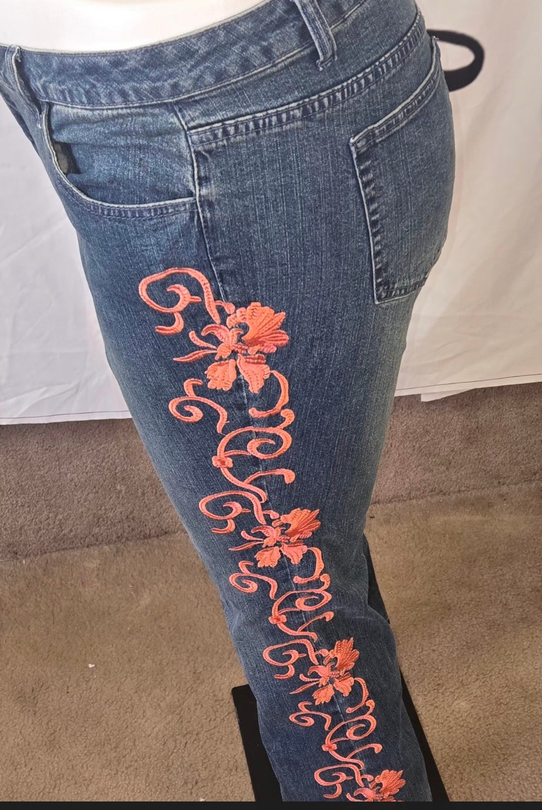 Coral Bloom Embroidered Bootcut Jeans