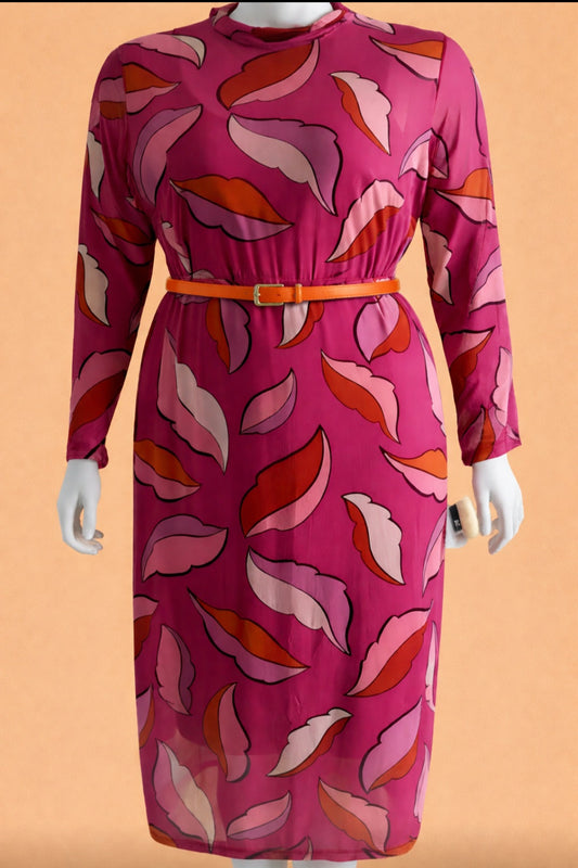 Sheer Leaf Print Midi Dress with Lining