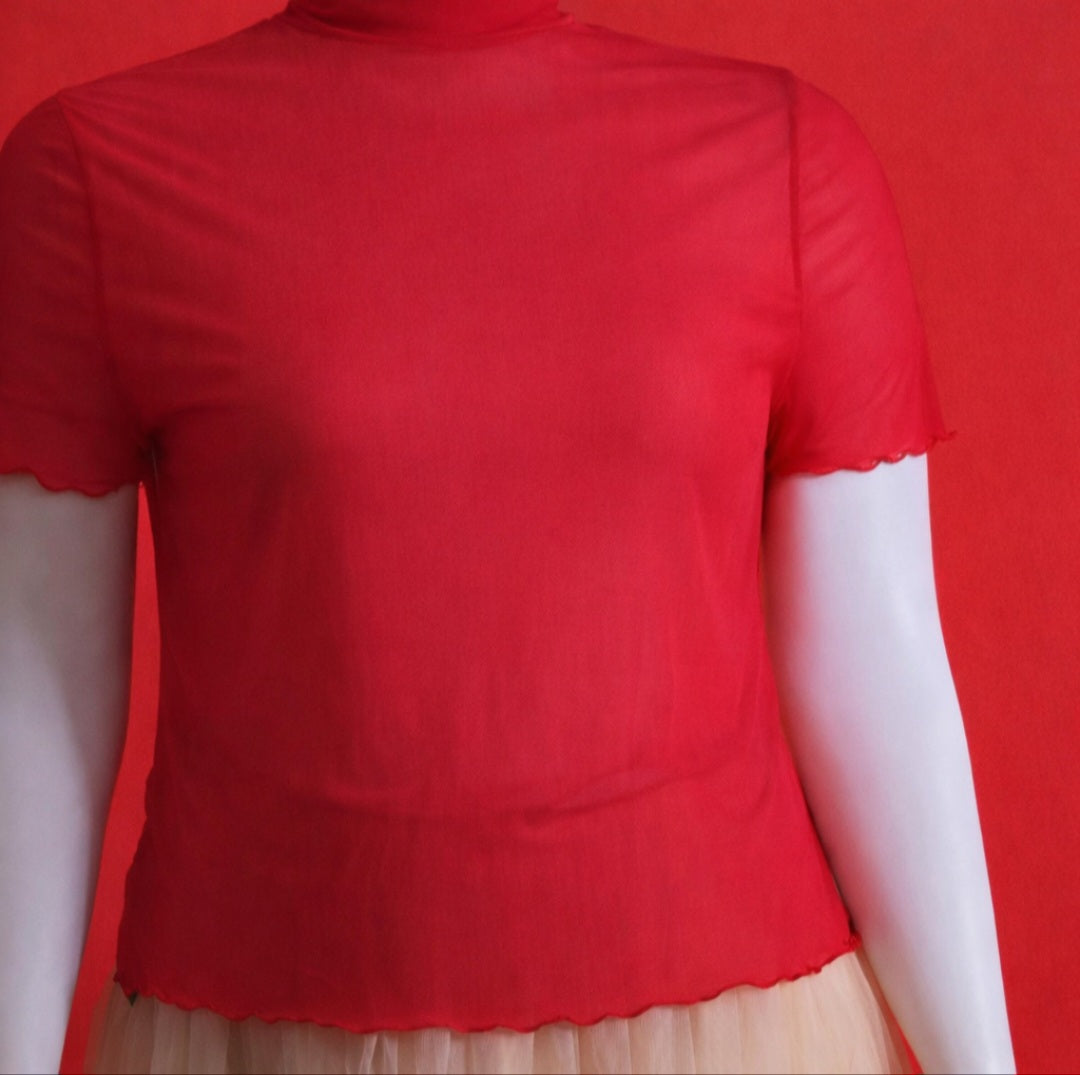 Sheer Mock Neck Short-Sleeve Blouse with Lining