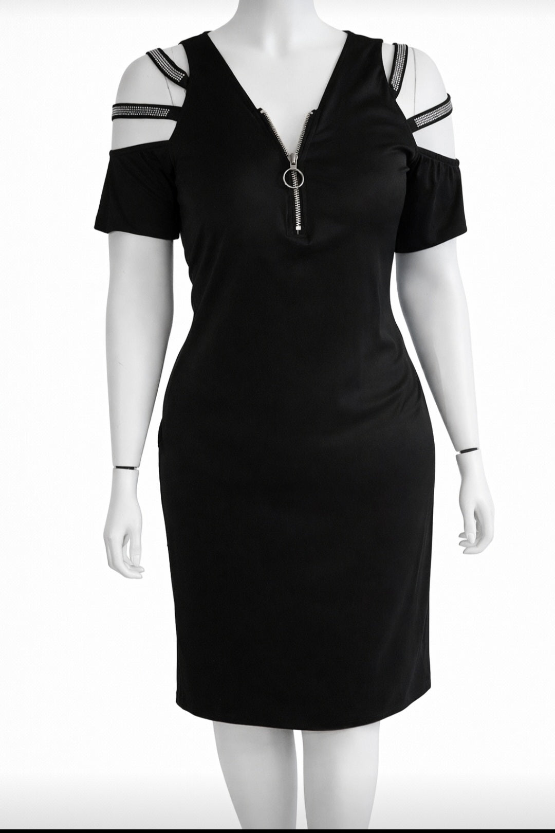 Black Rhinestone Cold Shoulder Zip Detail Dress