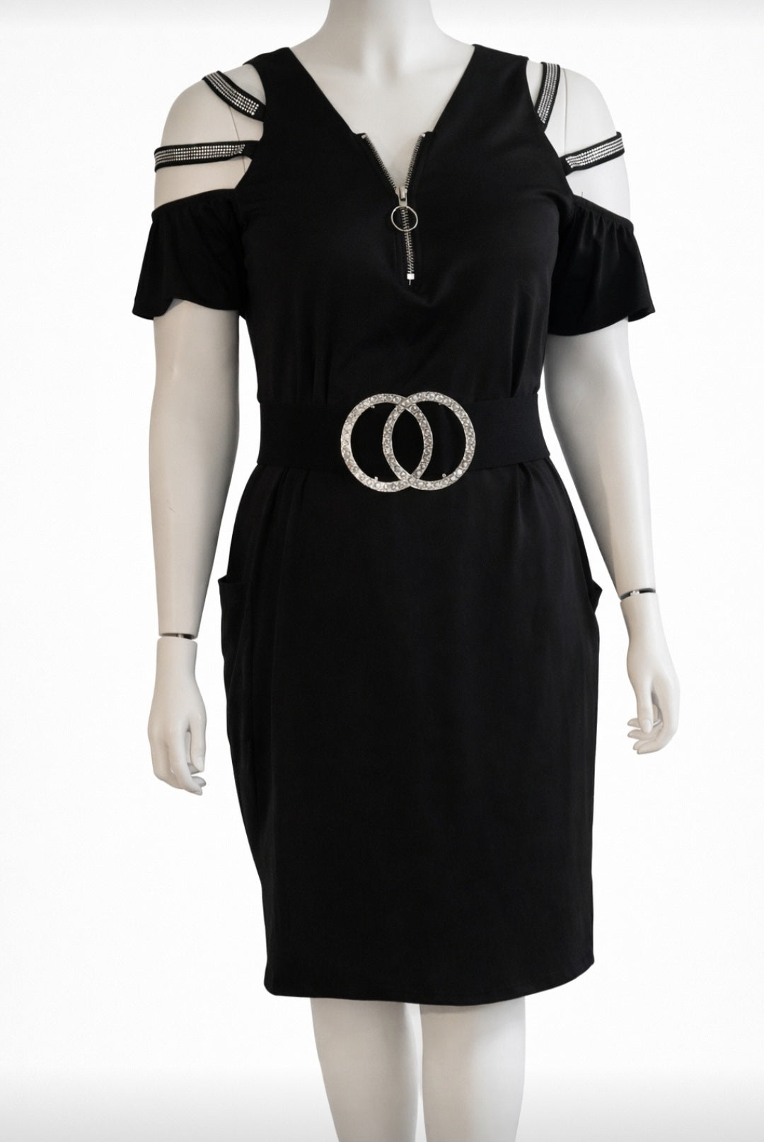 Black Rhinestone Cold Shoulder Zip Detail Dress