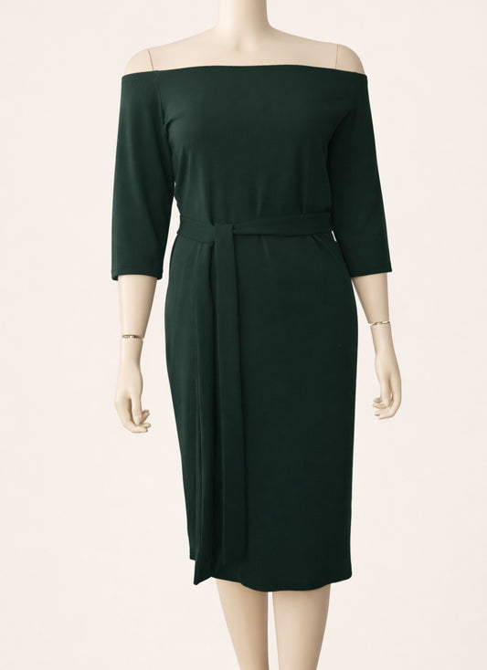 Emerald Off-Shoulder Belted Midi Dress